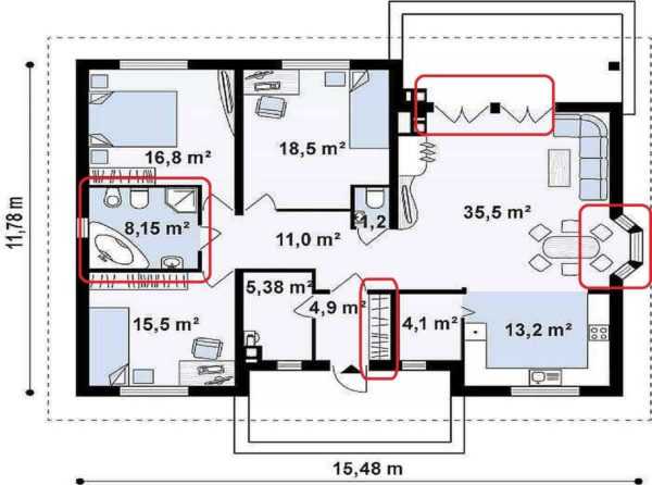 Планировка дома одноэтажного с тремя спальнями небольших размеров и гаражом из кирпича