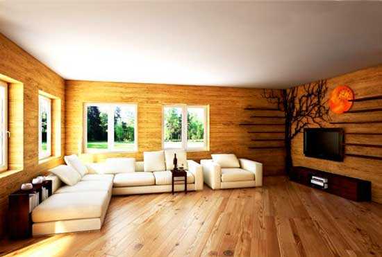 Интерьер зала дома деревянного дома