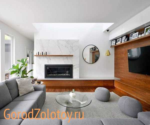 Современный дизайн гостиной с камином и телевизором