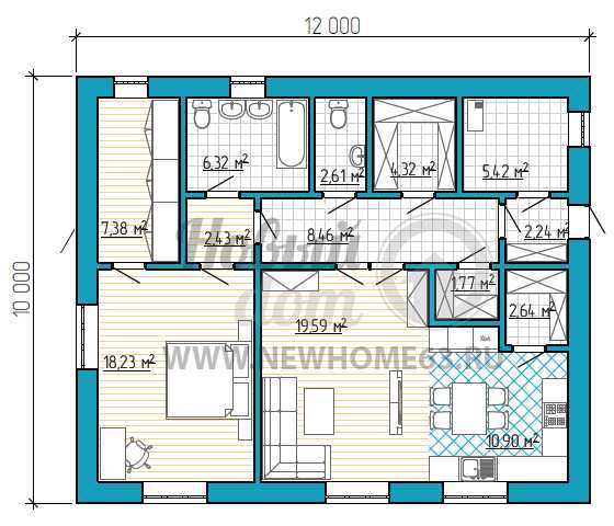 Планировки одноэтажных домов с тремя спальнями и гостиной
