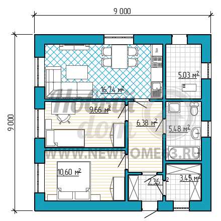 Планировка дома 9 на 10 одноэтажный с 3 спальнями и котельной
